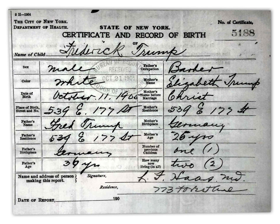 Frederick Trump's birth certificate